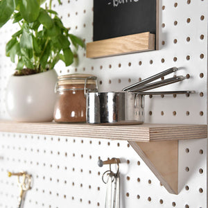 Wooden pegboard shelf for kitchen wall storage
