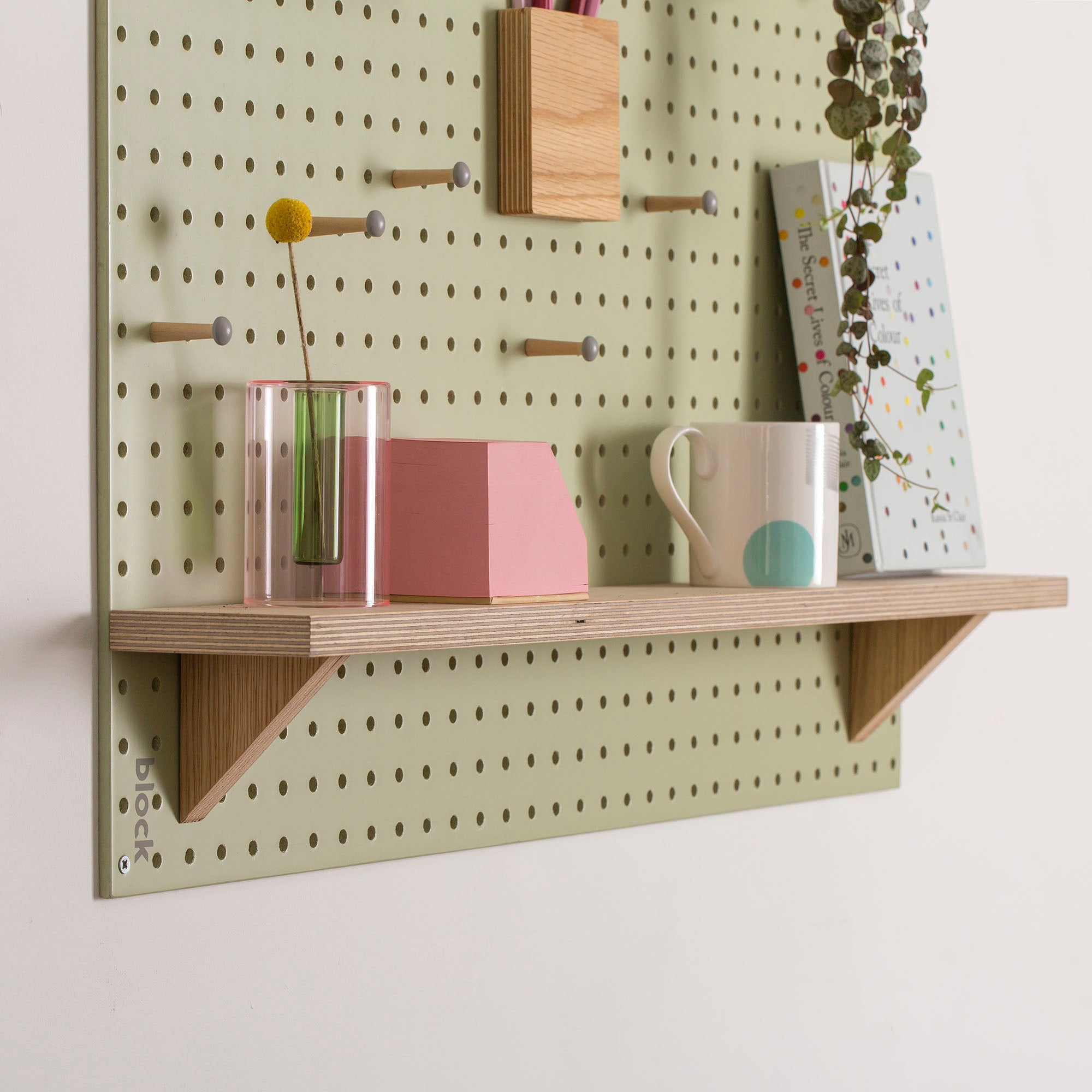 Green-Pegboard-with-fixed-wooden-shelf