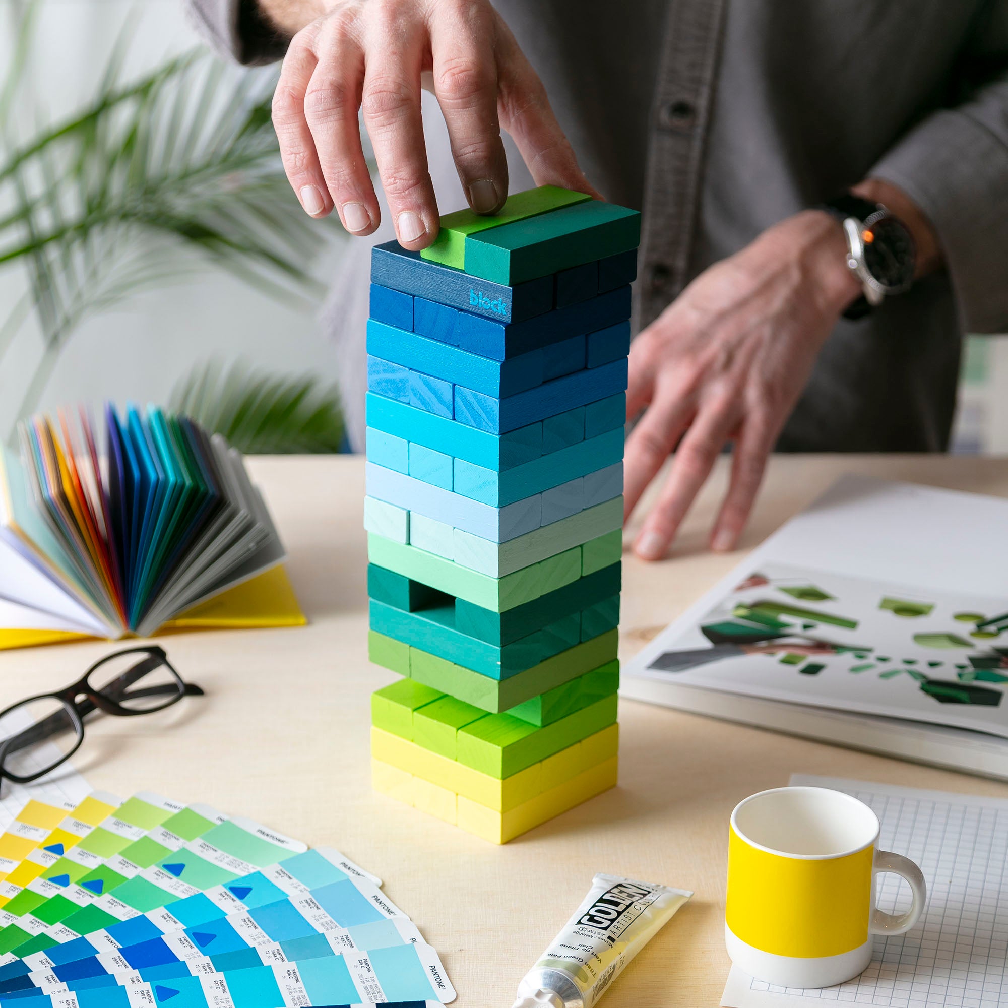 Tumbling Tower with bricks coloured in a cool gradient