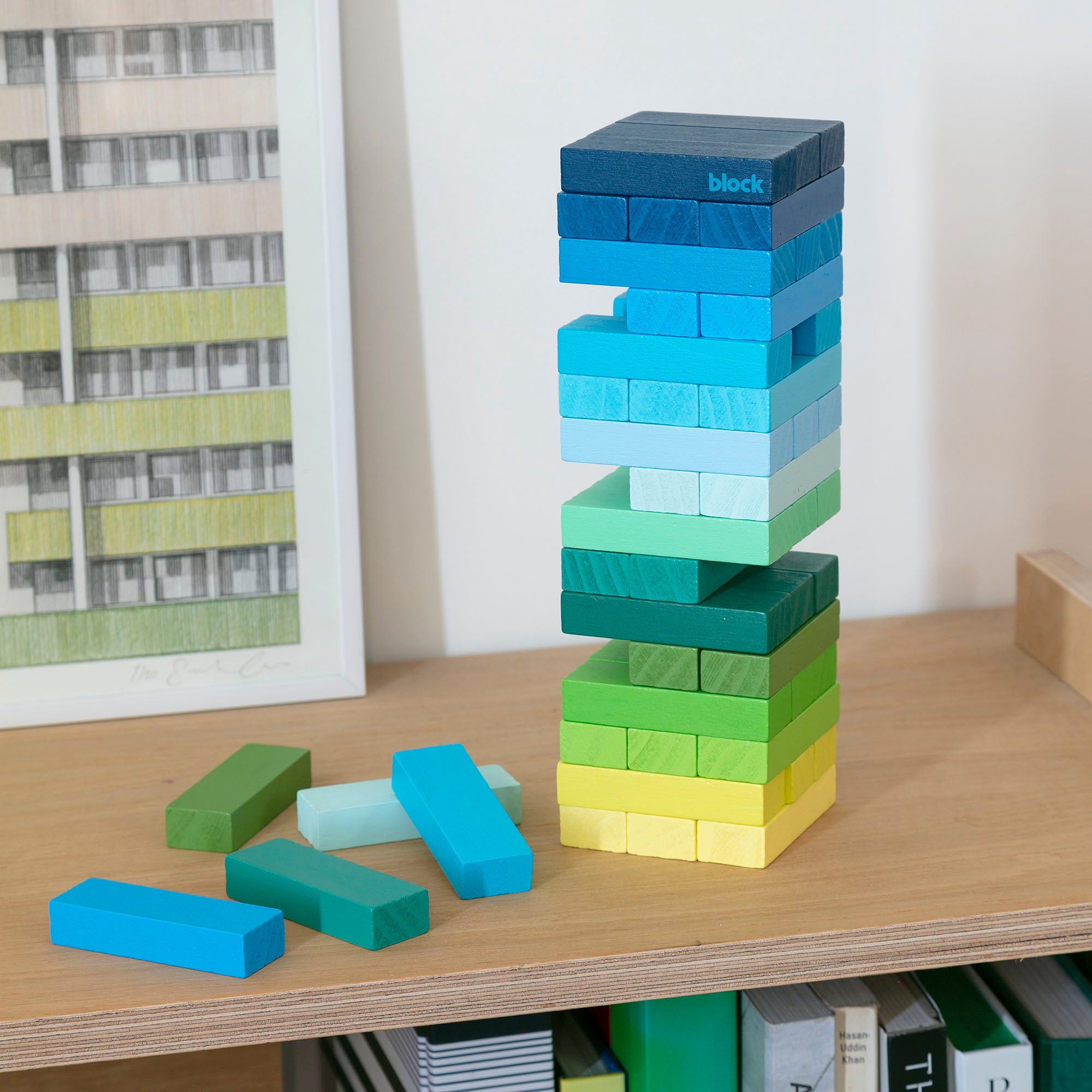 Tumbling Tower with bricks coloured in a cool gradient