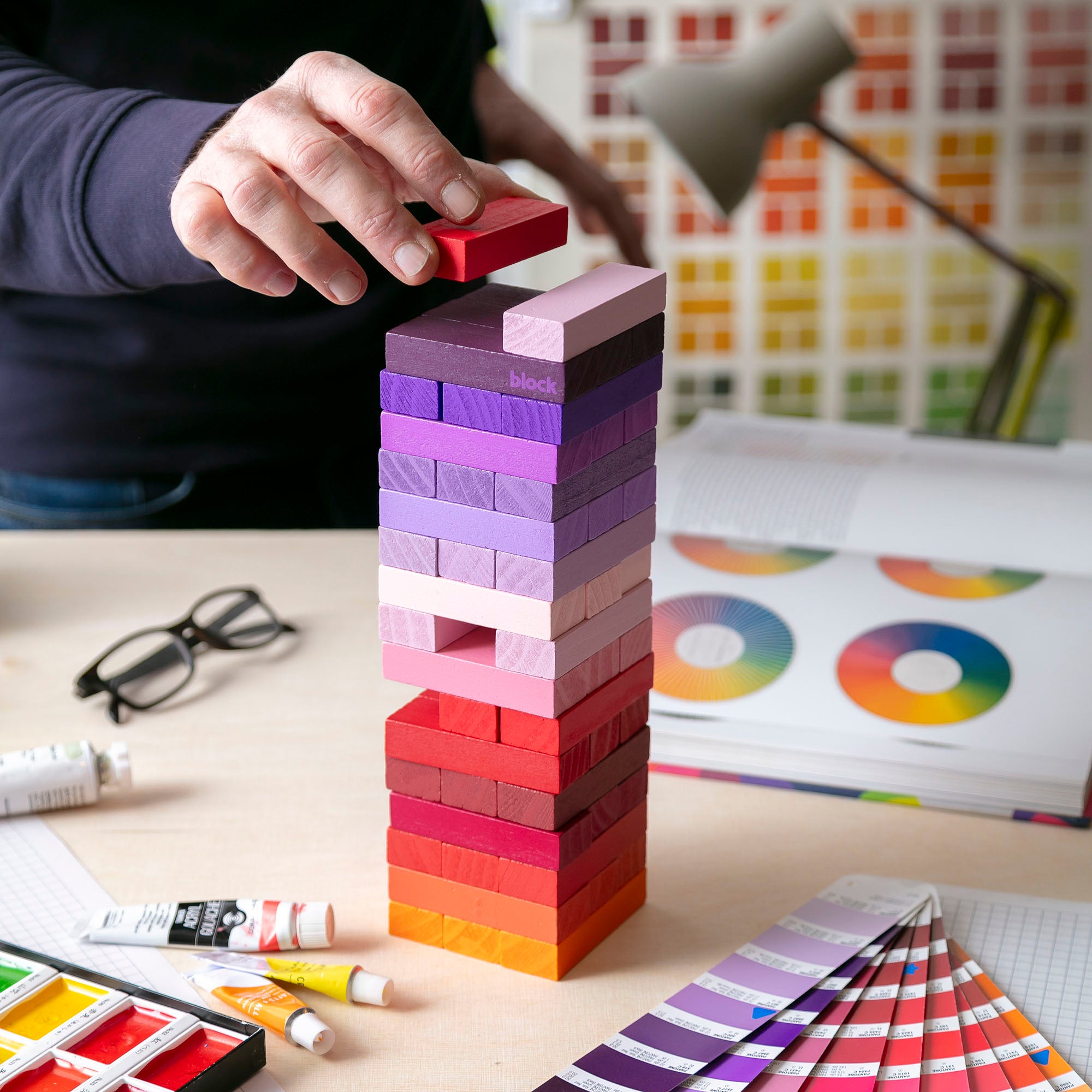 Tumbling Tower with bricks coloured in a warm gradient