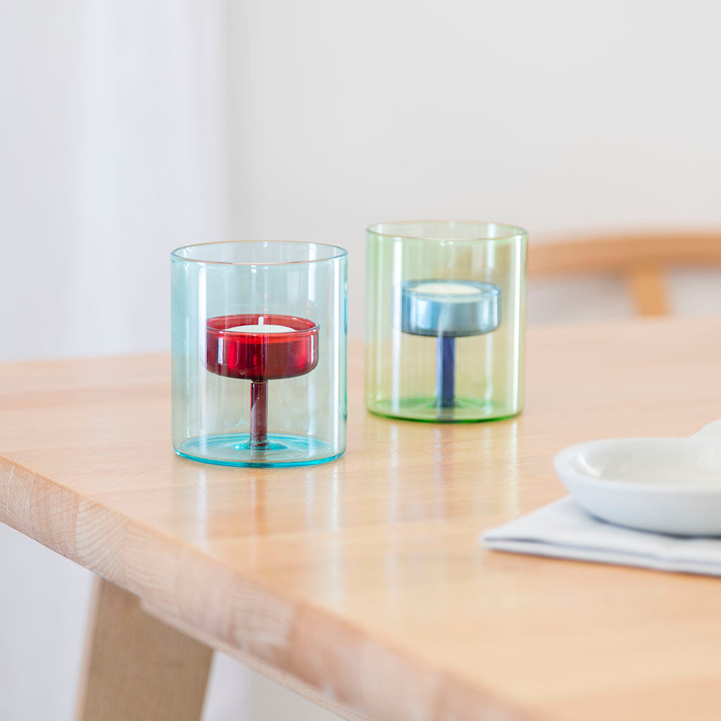 glass blue and green tea light holders